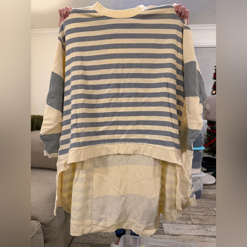 Free People Blue and Cream Striped Sweatshirt